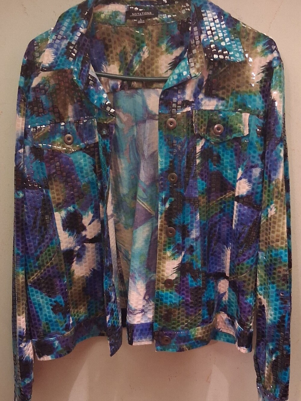 Notations Women's Blue, Green and Teal Patterned Jean Jacket